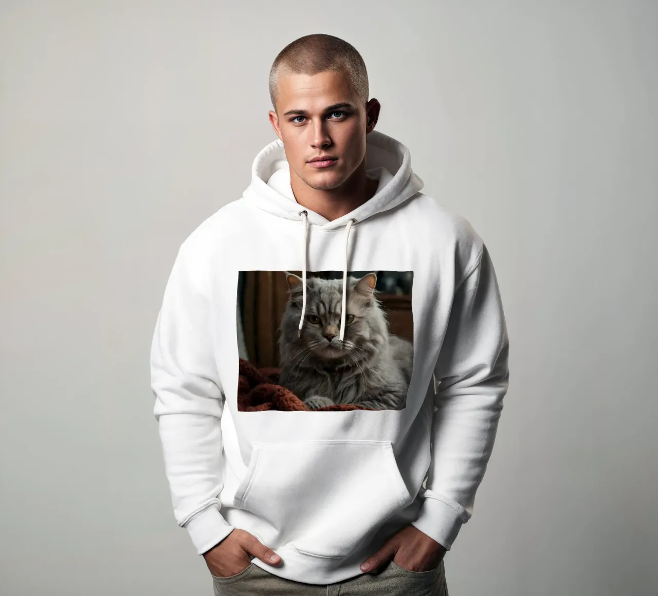 Un soffice gatto grigio riposa pacificamente su una coperta accogliente felpa con cappuccio da DesignDoodle