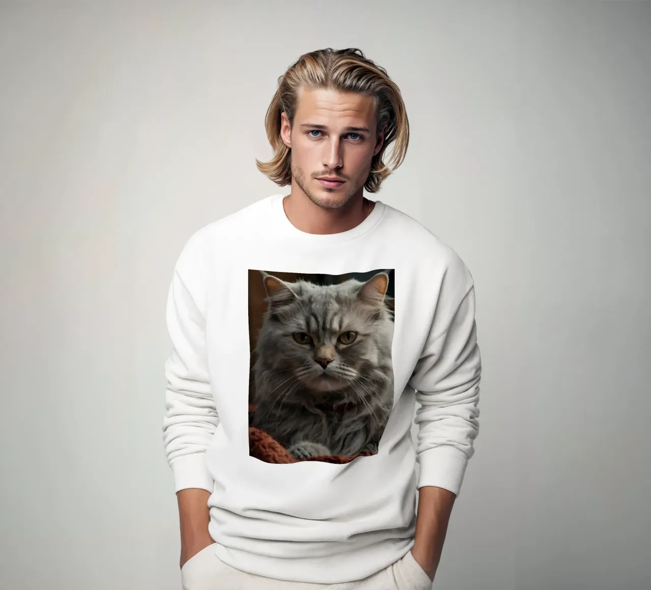 Un soffice gatto grigio riposa pacificamente su una coperta accogliente felpa da DesignDoodle