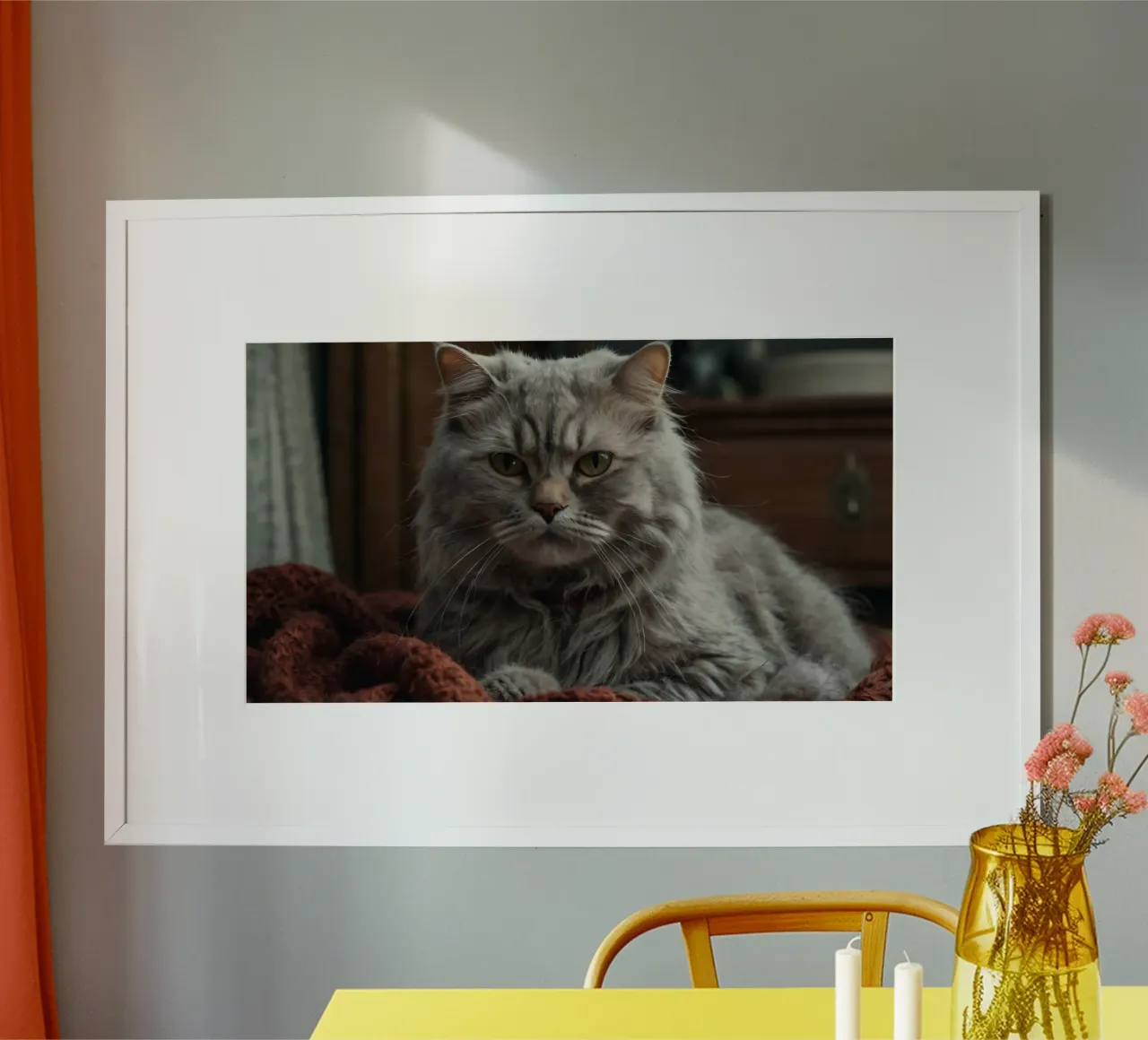 Un soffice gatto grigio riposa pacificamente su una coperta accogliente poster con telaio in legno da DesignDoodle