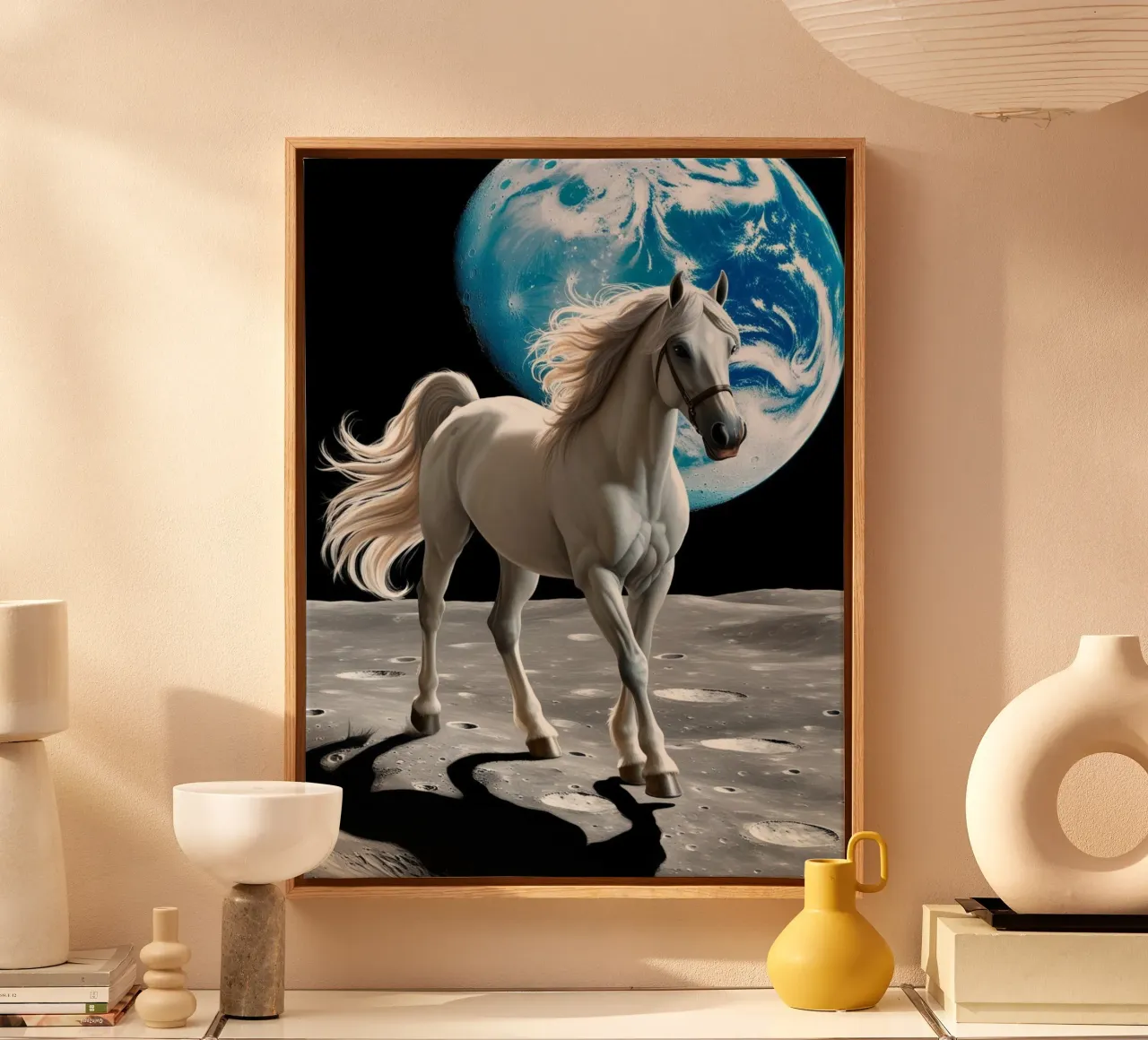 Pferd auf dem Mond tela con Cornice a cassetta da Poster Dreams