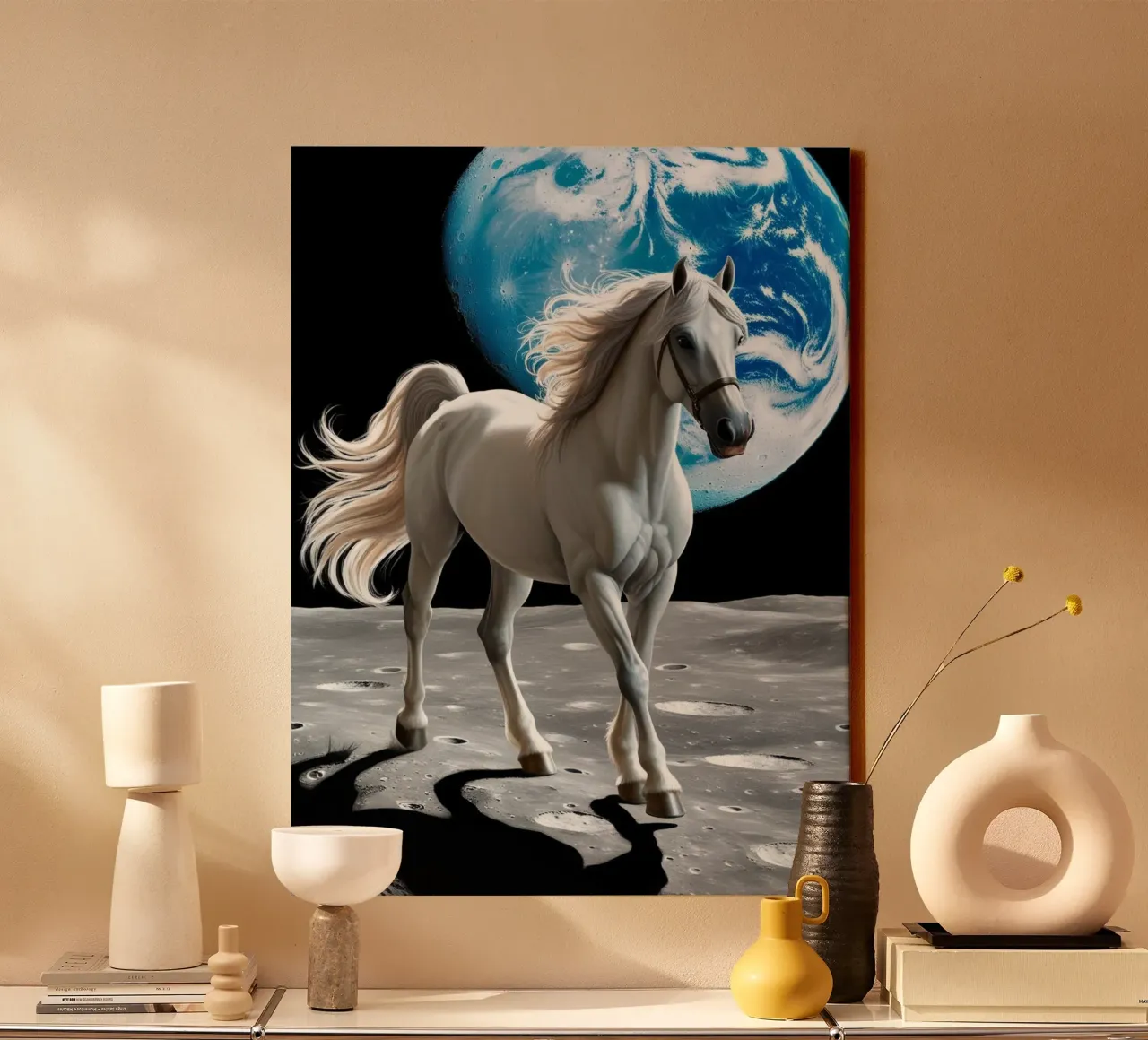 Pferd auf dem Mond tela con Cornice a cassetta da Poster Dreams