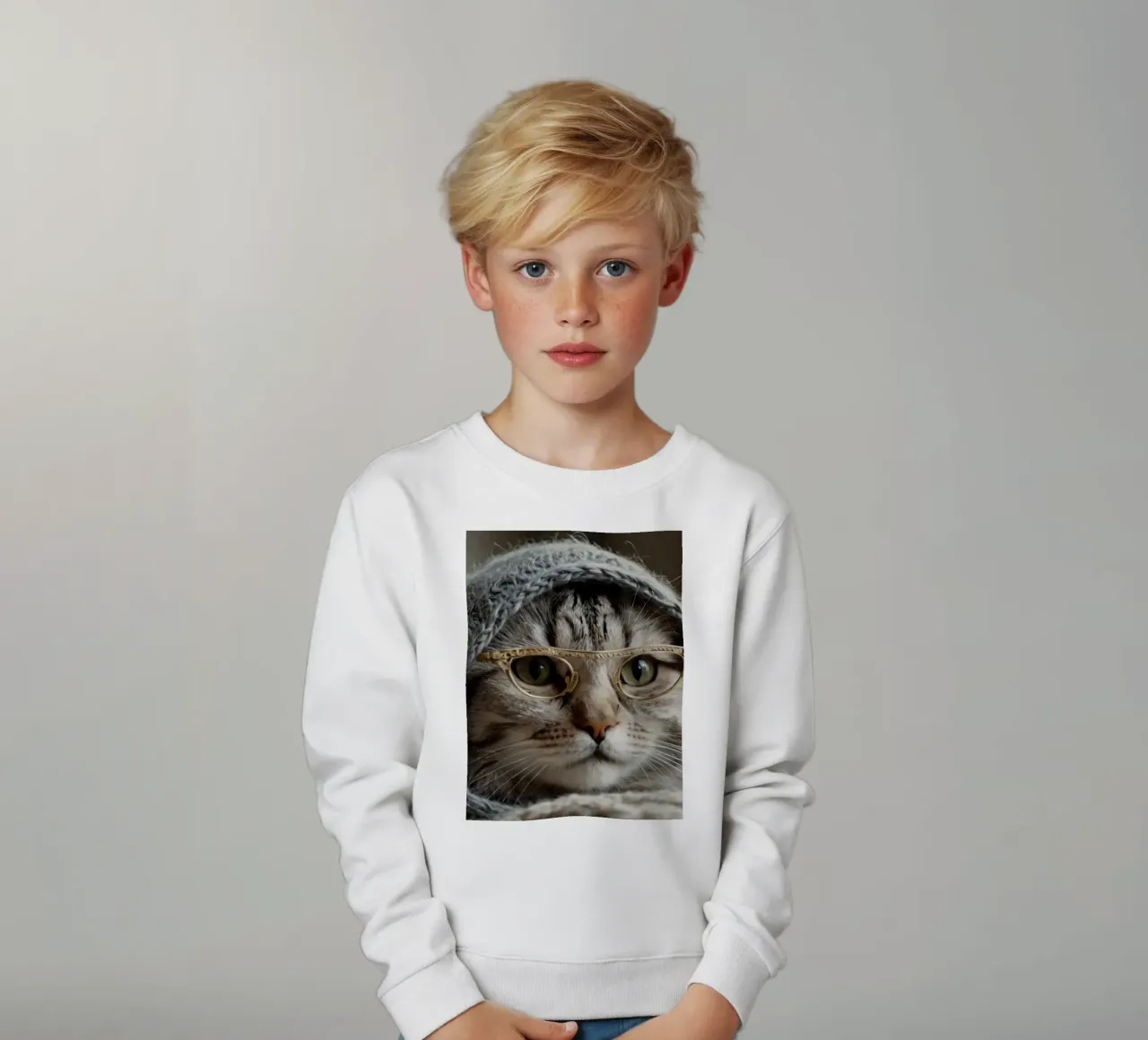 Un gatto accogliente che indossa occhiali e una sciarpa lavorata a maglia per rilassarsi felpa bambino da DesignDoodle