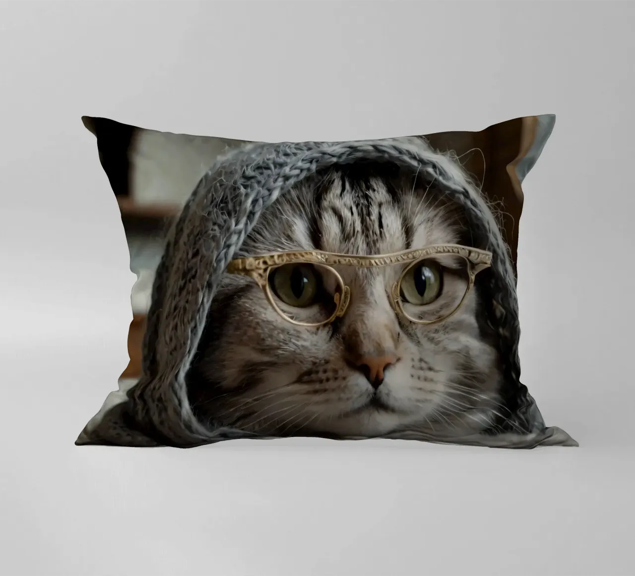 Un gatto accogliente che indossa occhiali e una sciarpa lavorata a maglia per rilassarsi cuscino da DesignDoodle