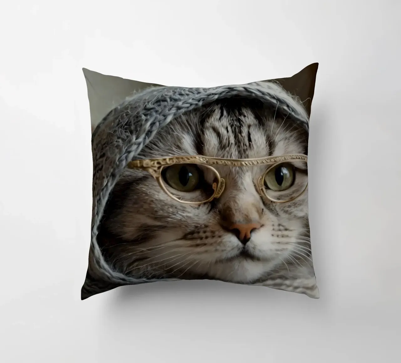 Un gatto accogliente che indossa occhiali e una sciarpa lavorata a maglia per rilassarsi cuscino da DesignDoodle