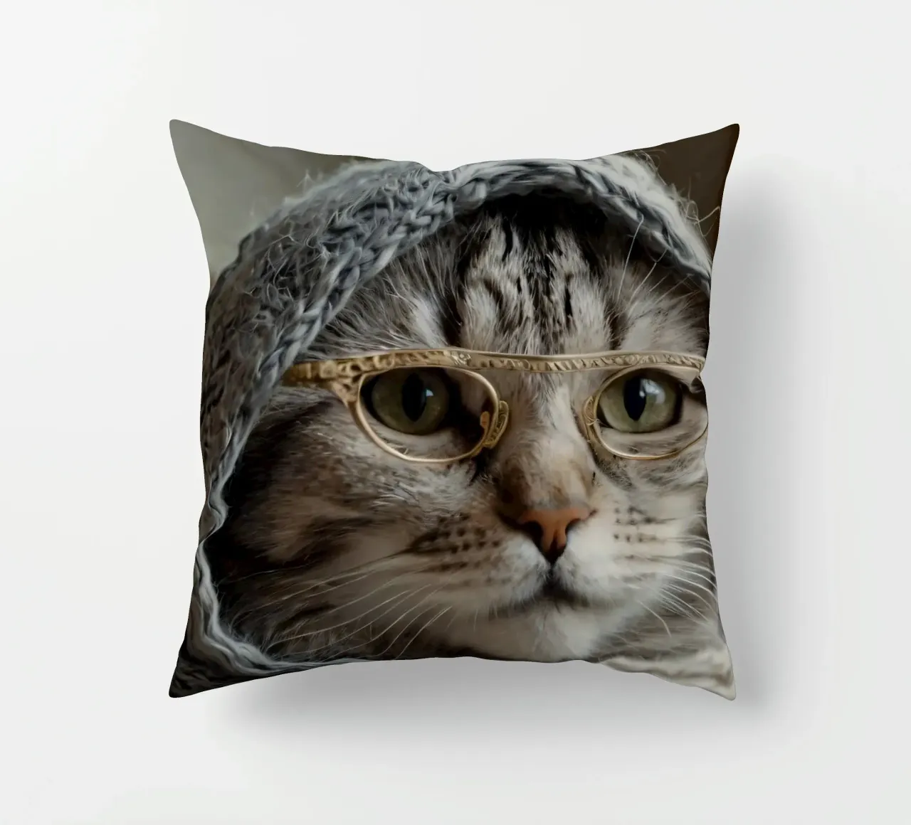 Un gatto accogliente che indossa occhiali e una sciarpa lavorata a maglia per rilassarsi cuscino da DesignDoodle