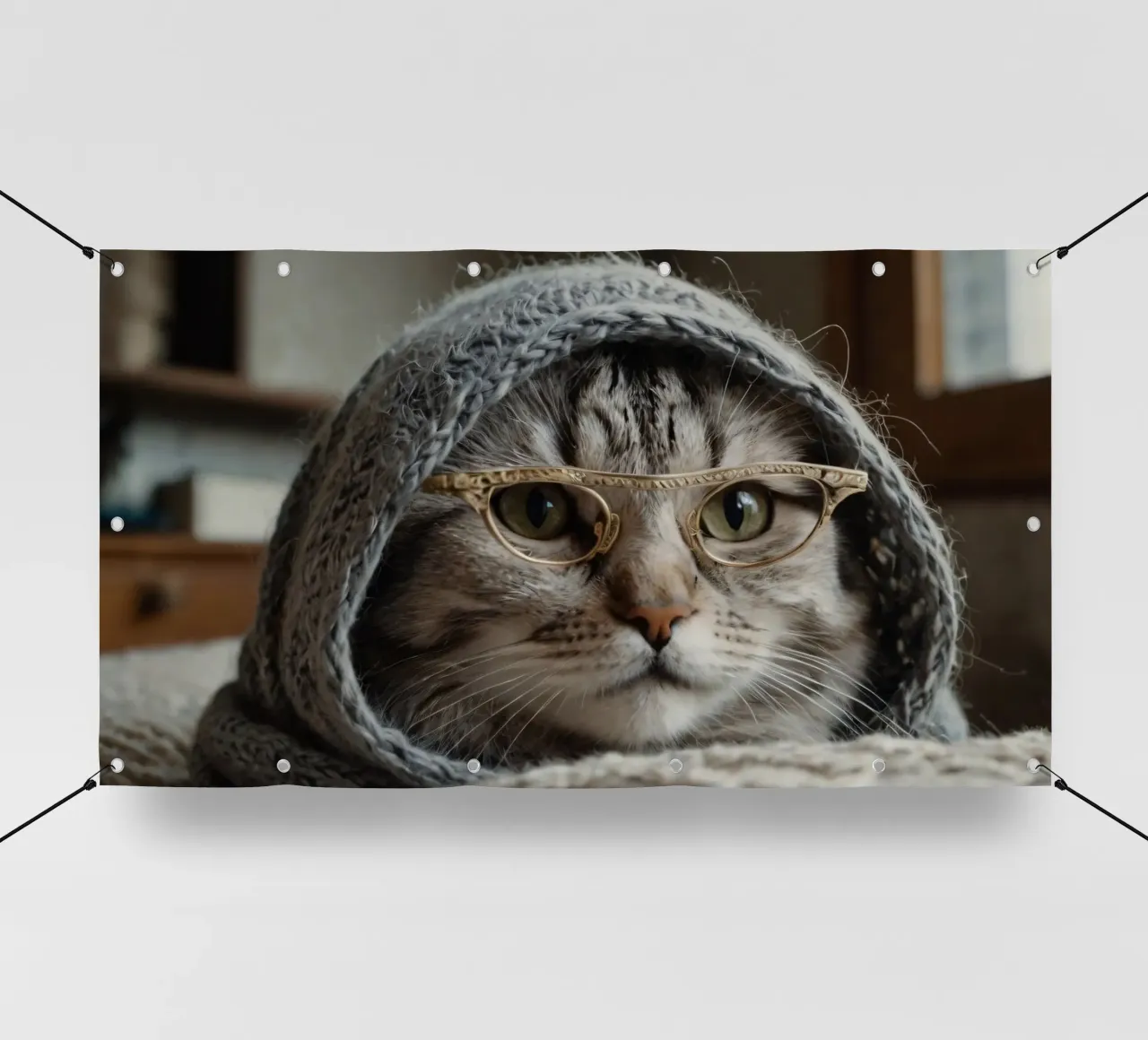 Un gatto accogliente che indossa occhiali e una sciarpa lavorata a maglia per rilassarsi telo in pvc da DesignDoodle