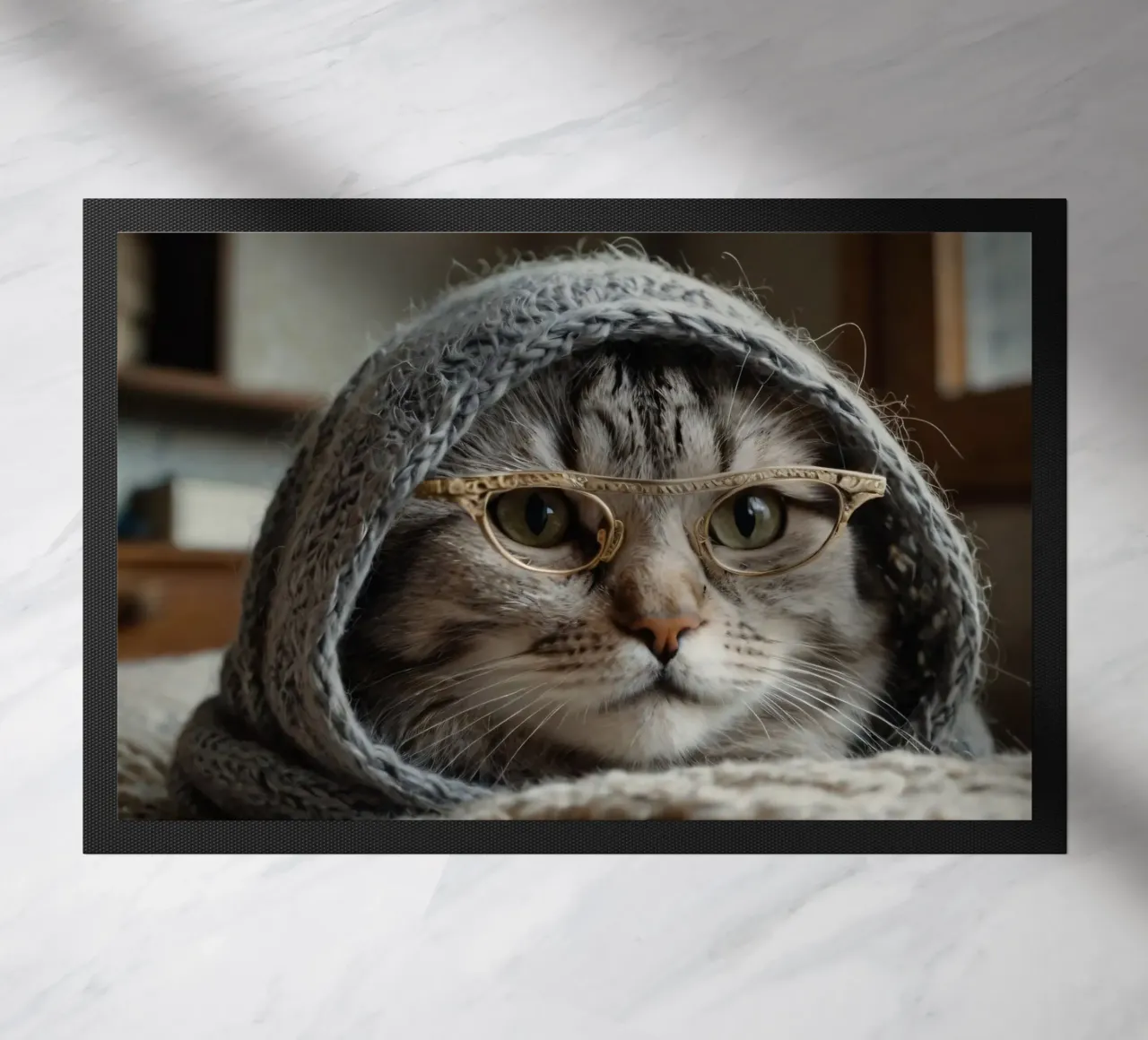 Un gatto accogliente che indossa occhiali e una sciarpa lavorata a maglia per rilassarsi zerbino da DesignDoodle