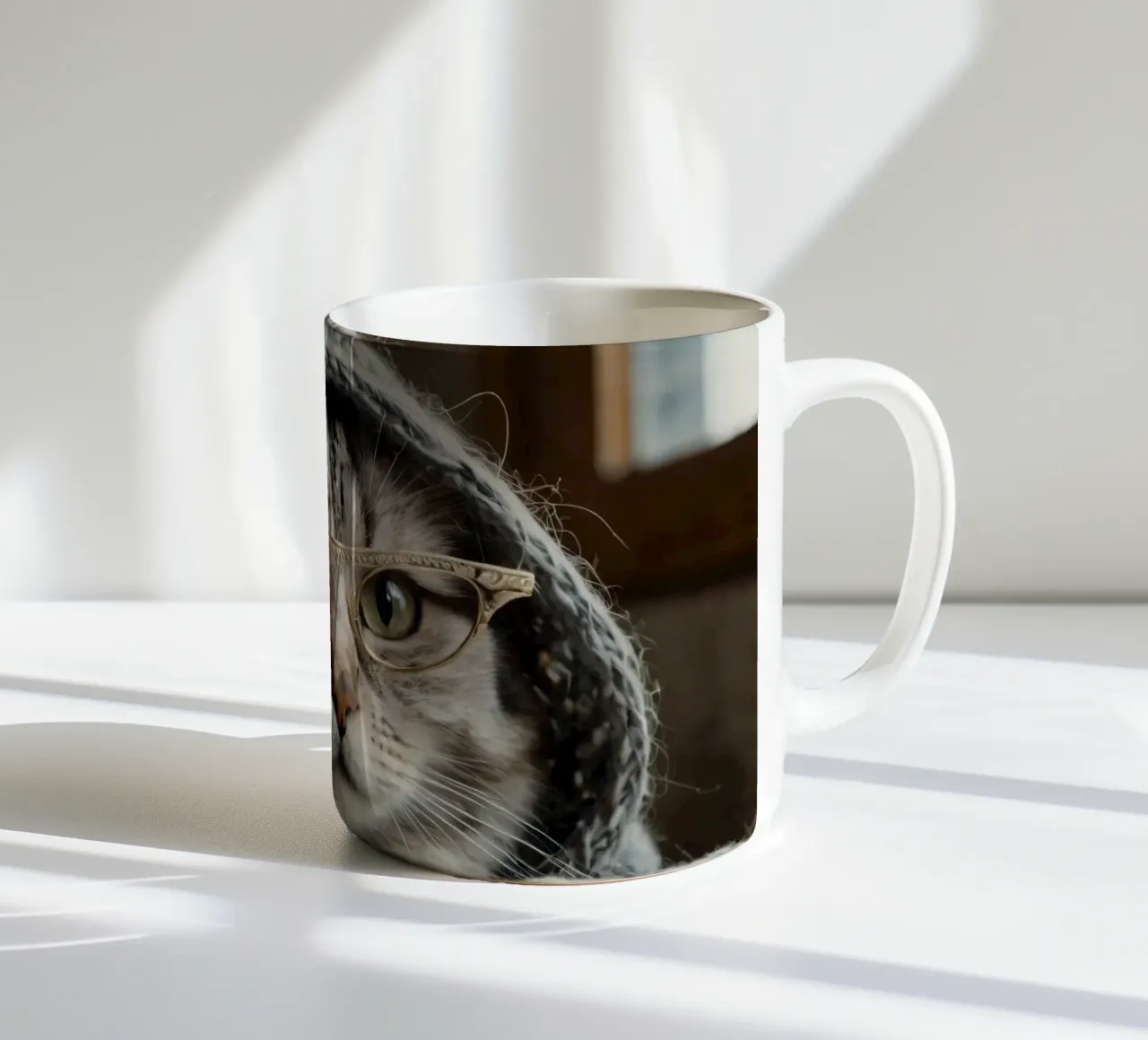 Un gatto accogliente che indossa occhiali e una sciarpa lavorata a maglia per rilassarsi tazza in ceramica da DesignDoodle