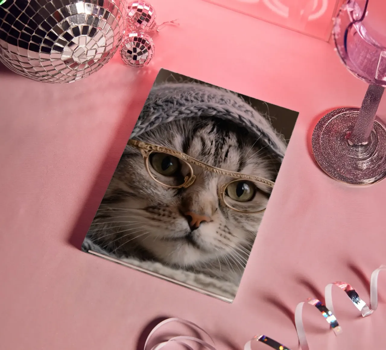 Un gatto accogliente che indossa occhiali e una sciarpa lavorata a maglia per rilassarsi diario da DesignDoodle