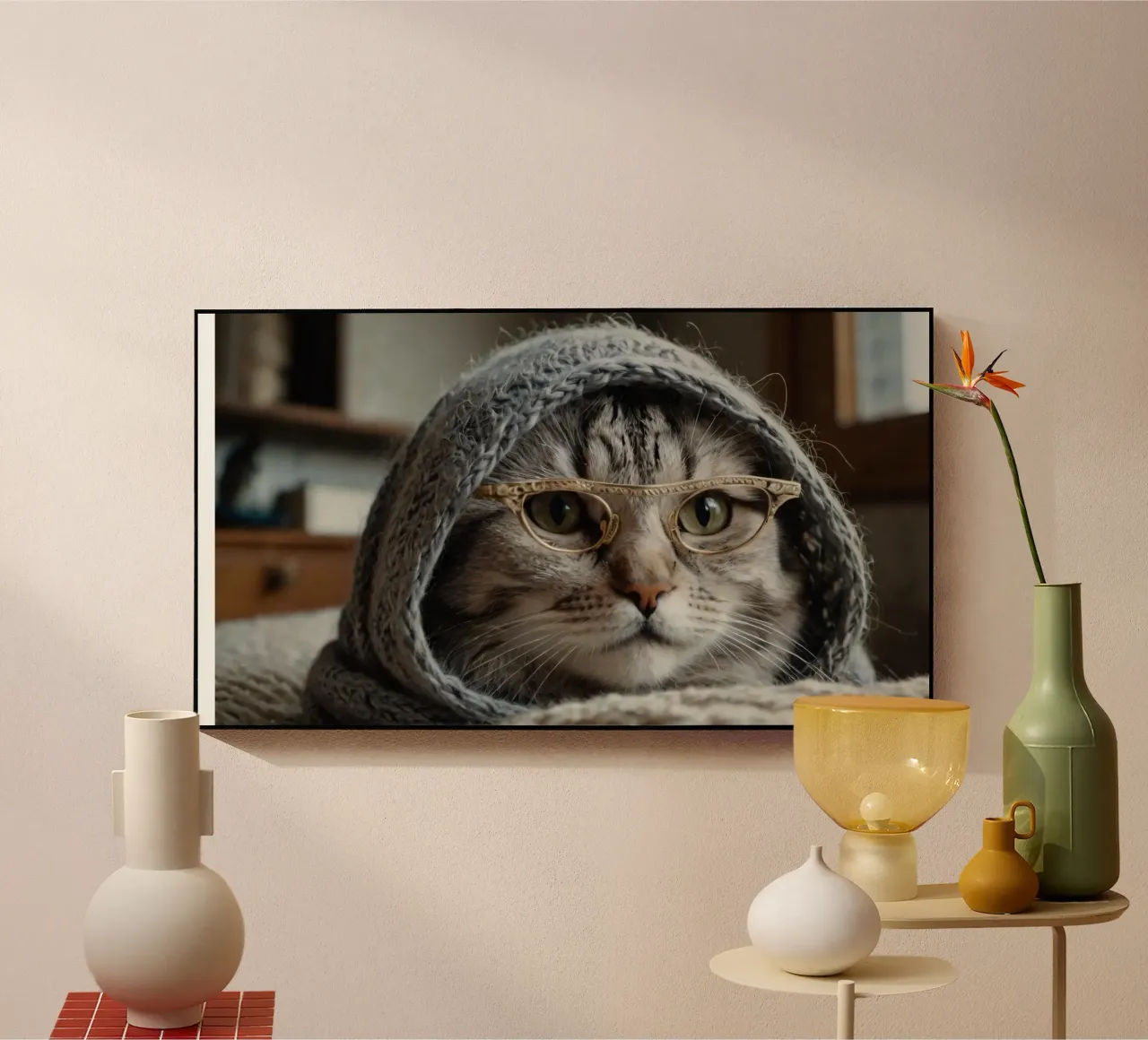 Un gatto accogliente che indossa occhiali e una sciarpa lavorata a maglia per rilassarsi plexiglass da DesignDoodle