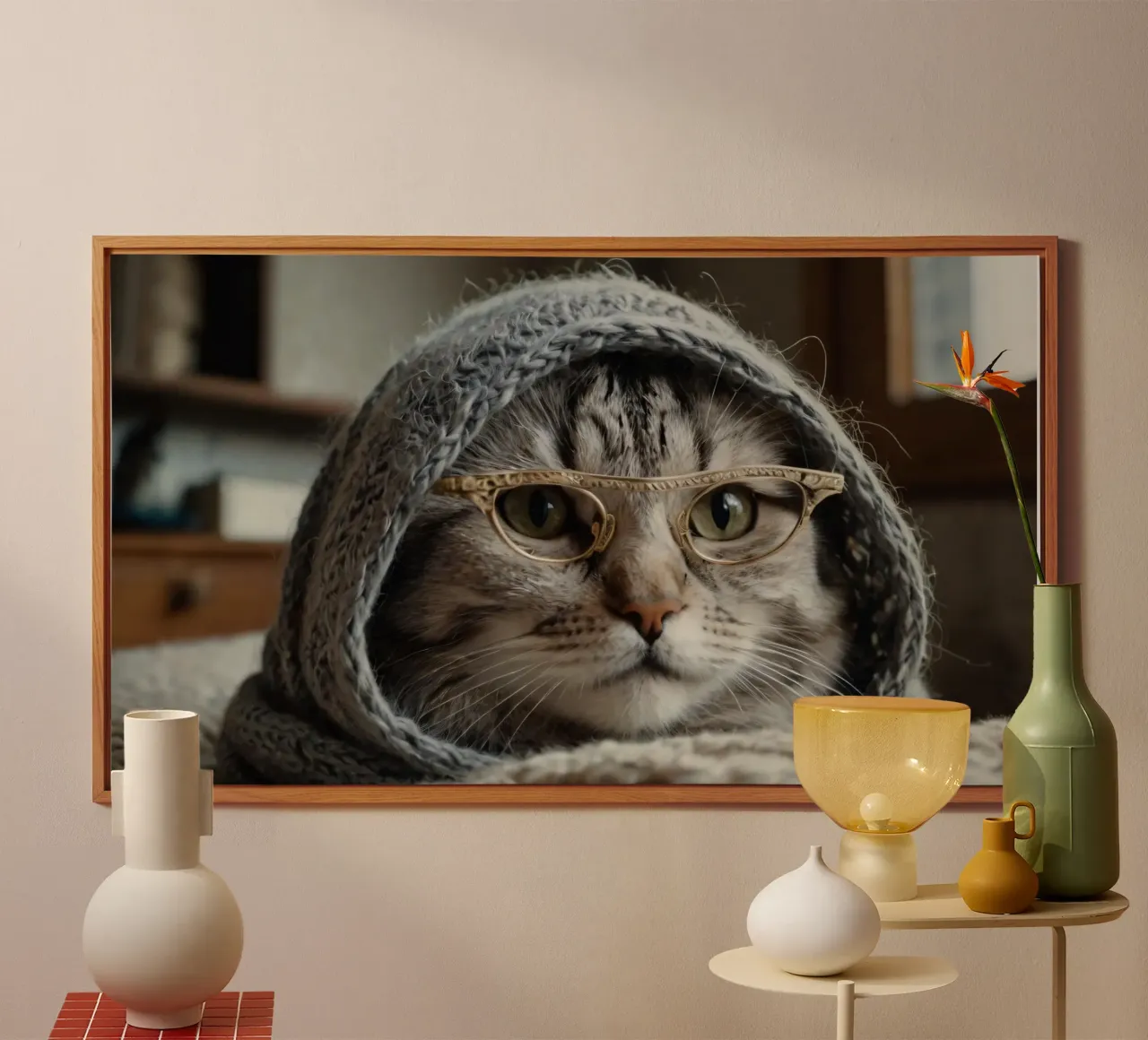 Un gatto accogliente che indossa occhiali e una sciarpa lavorata a maglia per rilassarsi alluminio dibond da DesignDoodle
