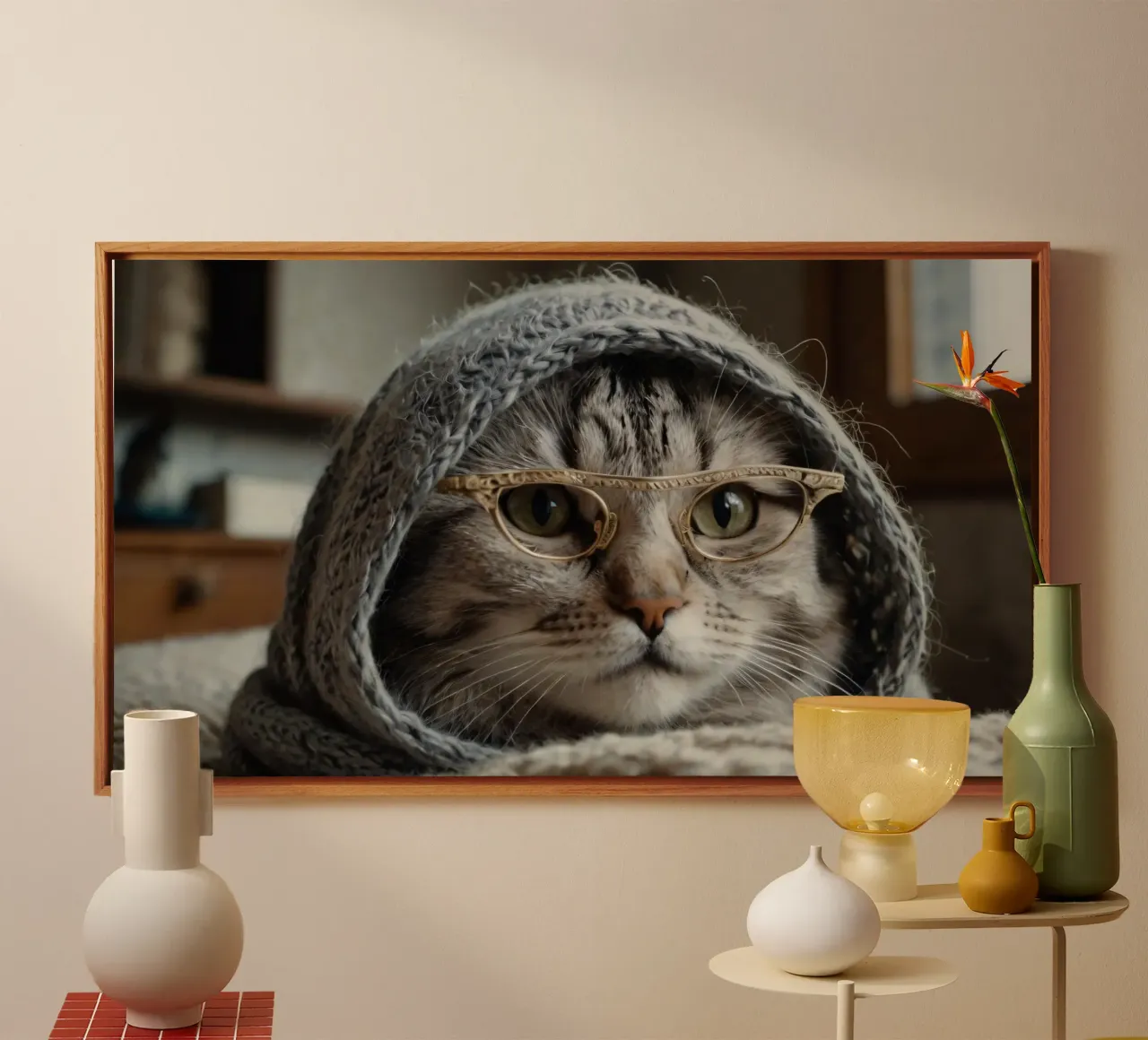 Un gatto accogliente che indossa occhiali e una sciarpa lavorata a maglia per rilassarsi tela da DesignDoodle