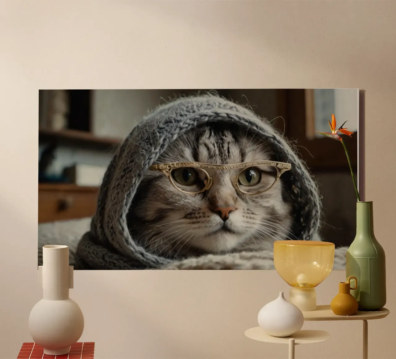 Un gatto accogliente che indossa occhiali e una sciarpa lavorata a maglia per rilassarsi tela da DesignDoodle