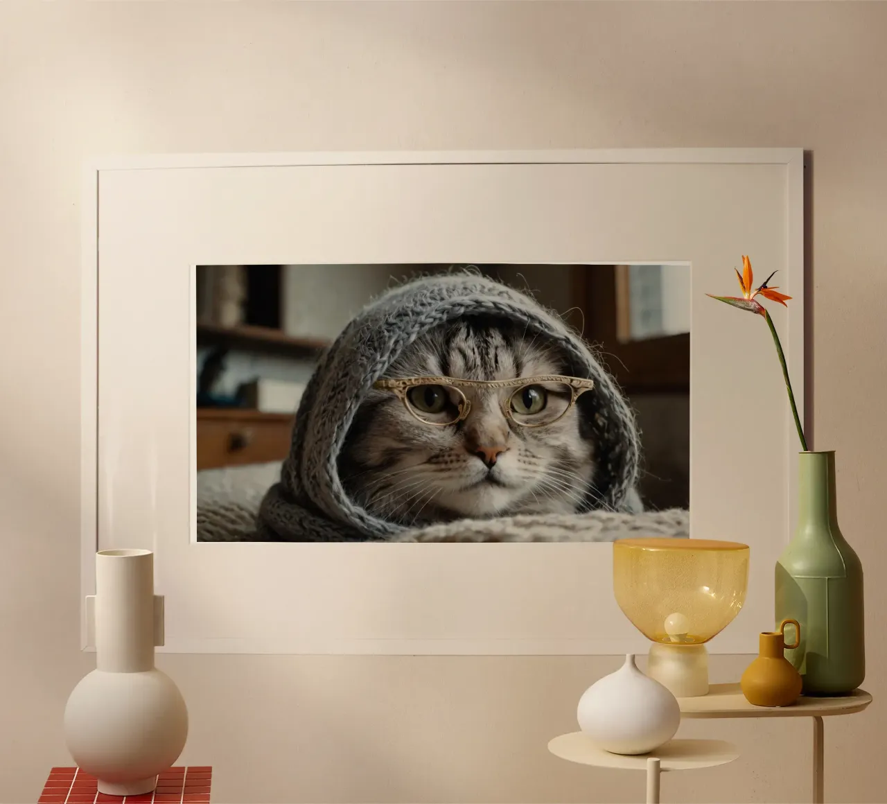 Un gatto accogliente che indossa occhiali e una sciarpa lavorata a maglia per rilassarsi carta hahnemühle da DesignDoodle