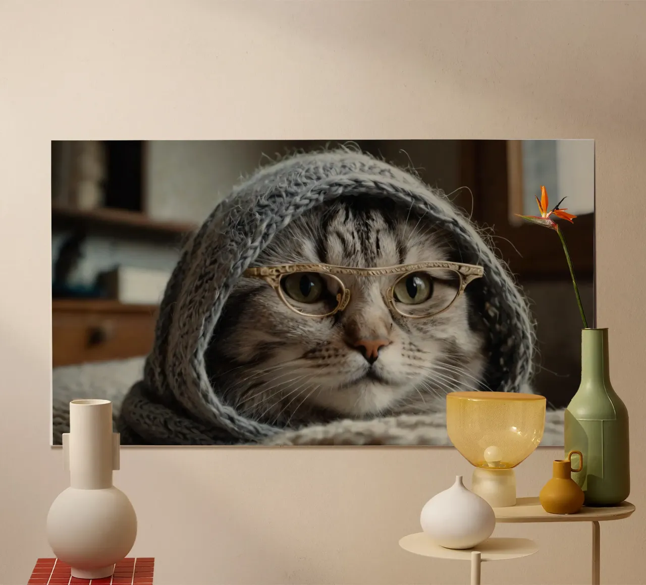 Un gatto accogliente che indossa occhiali e una sciarpa lavorata a maglia per rilassarsi carta hahnemühle da DesignDoodle
