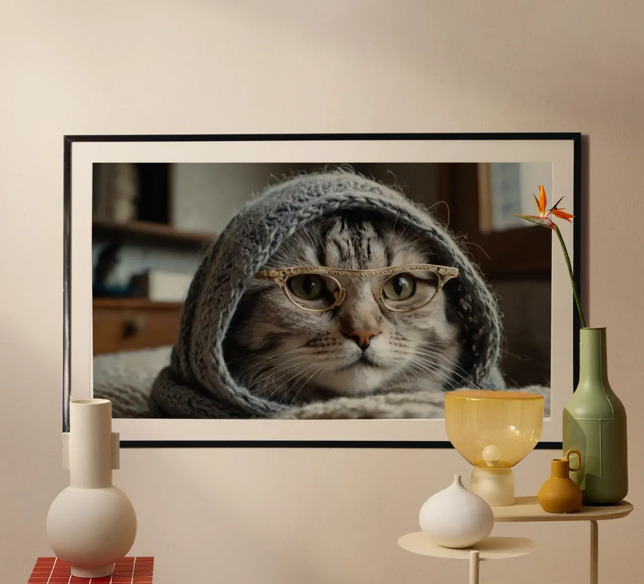 Un gatto accogliente che indossa occhiali e una sciarpa lavorata a maglia per rilassarsi carta hahnemühle da DesignDoodle