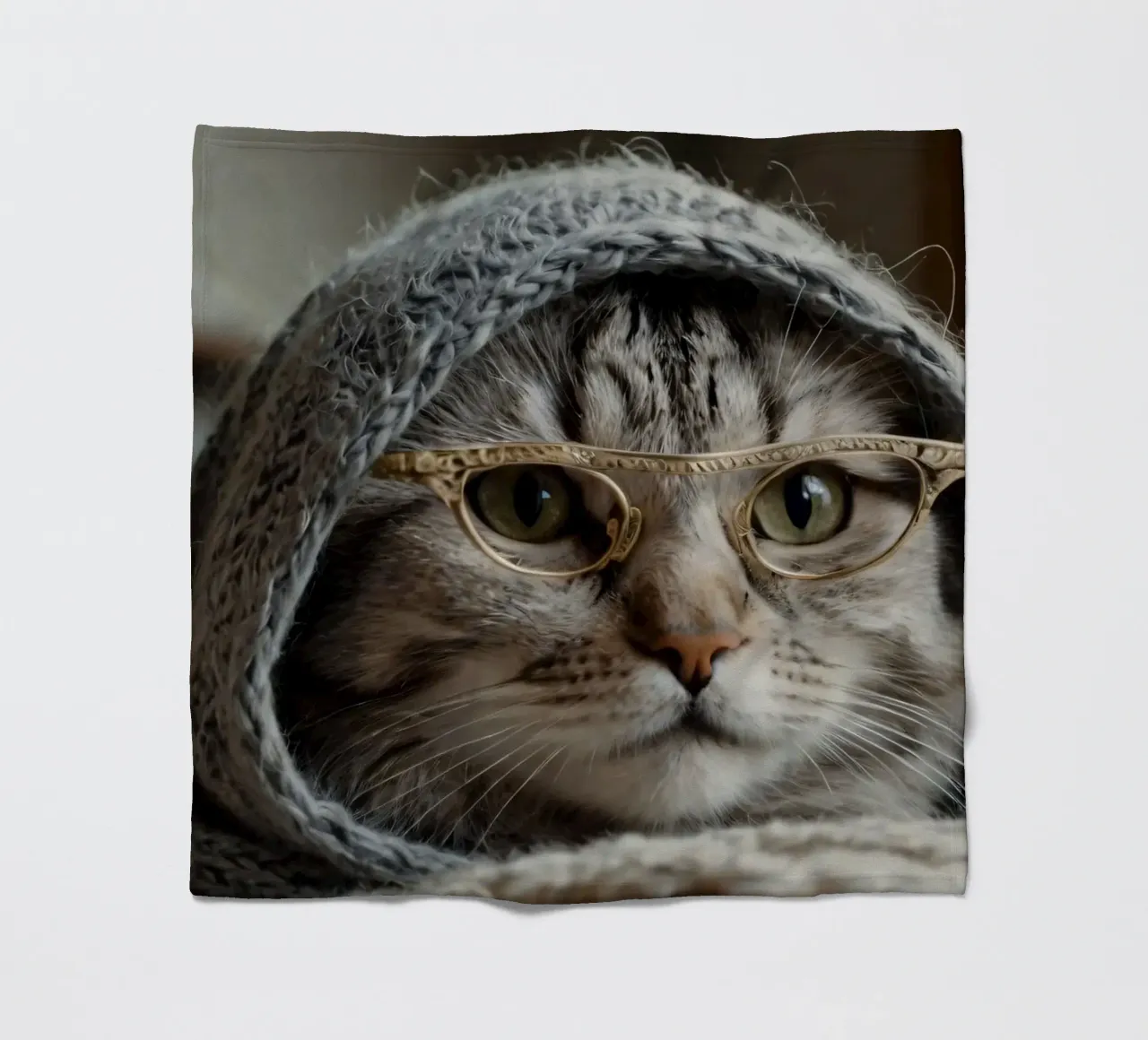 Un gatto accogliente che indossa occhiali e una sciarpa lavorata a maglia per rilassarsi coperta in pile da DesignDoodle