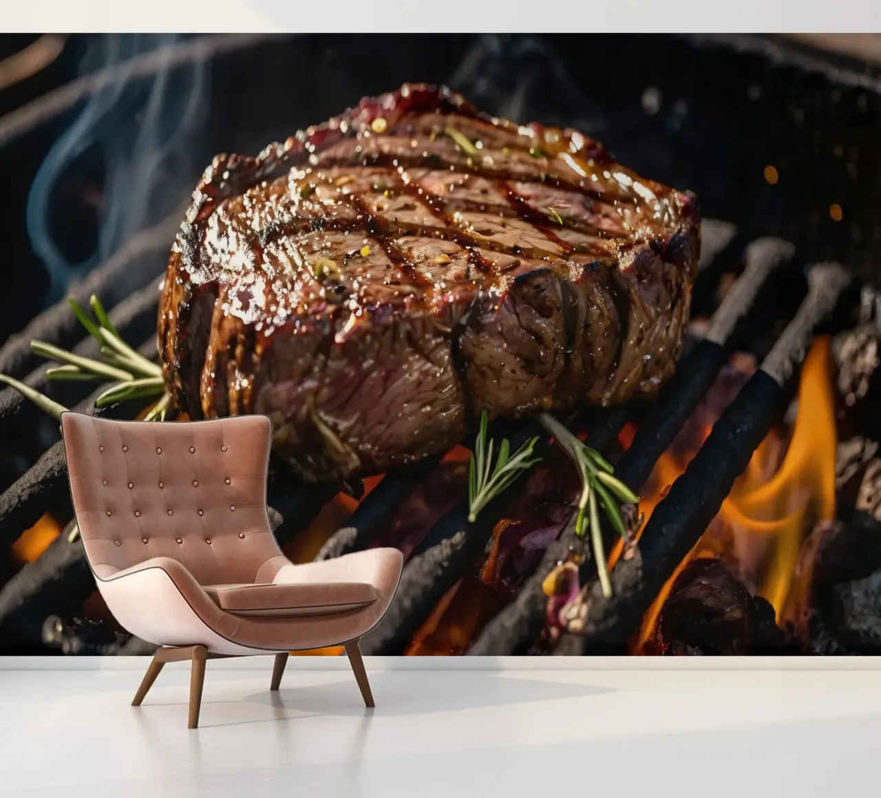 Juicy steak grilling on an outdoor barbecue photo wallpaper by DesignDoodle