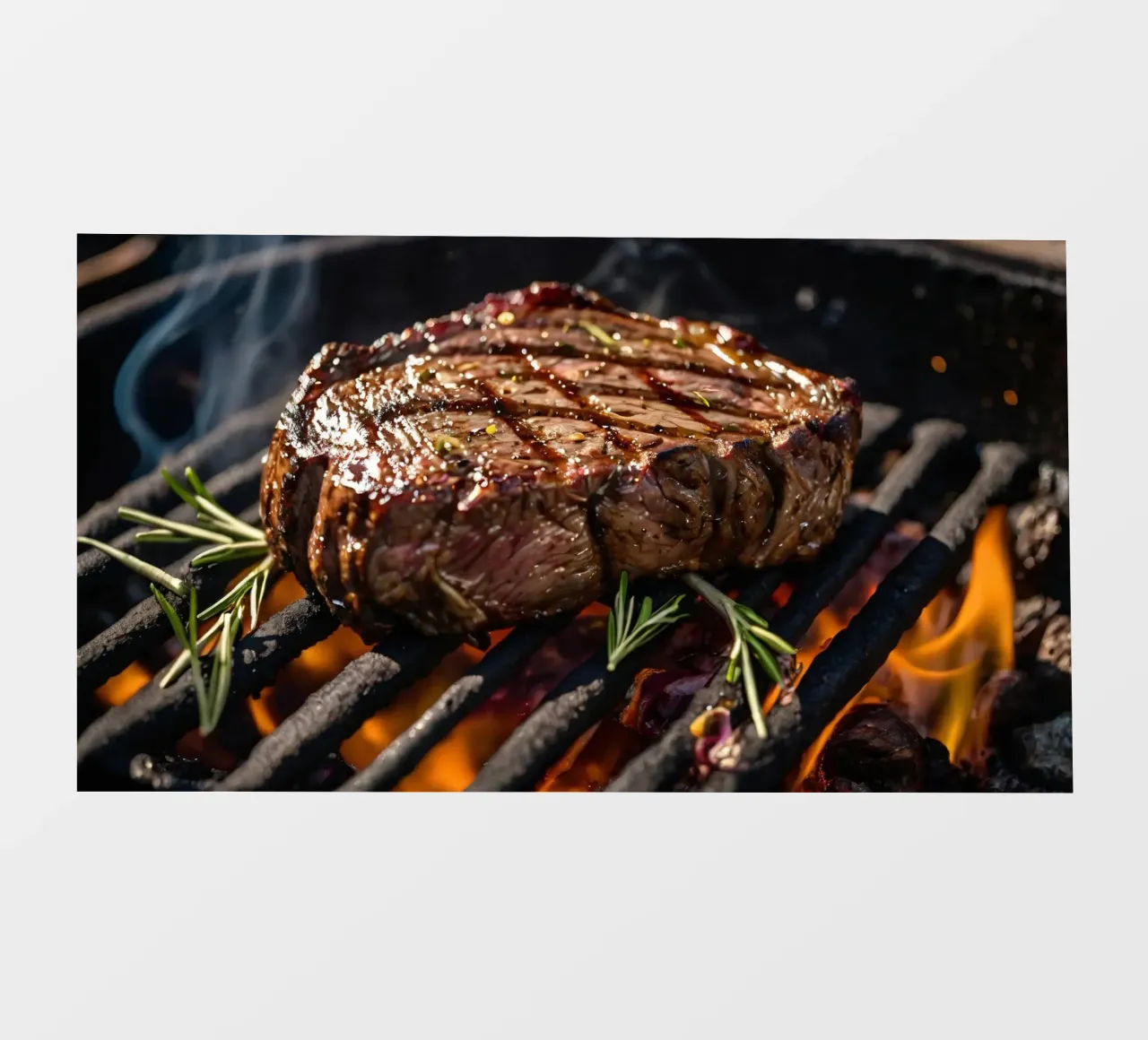 Juicy steak grilling on an outdoor barbecue photo wallpaper by DesignDoodle