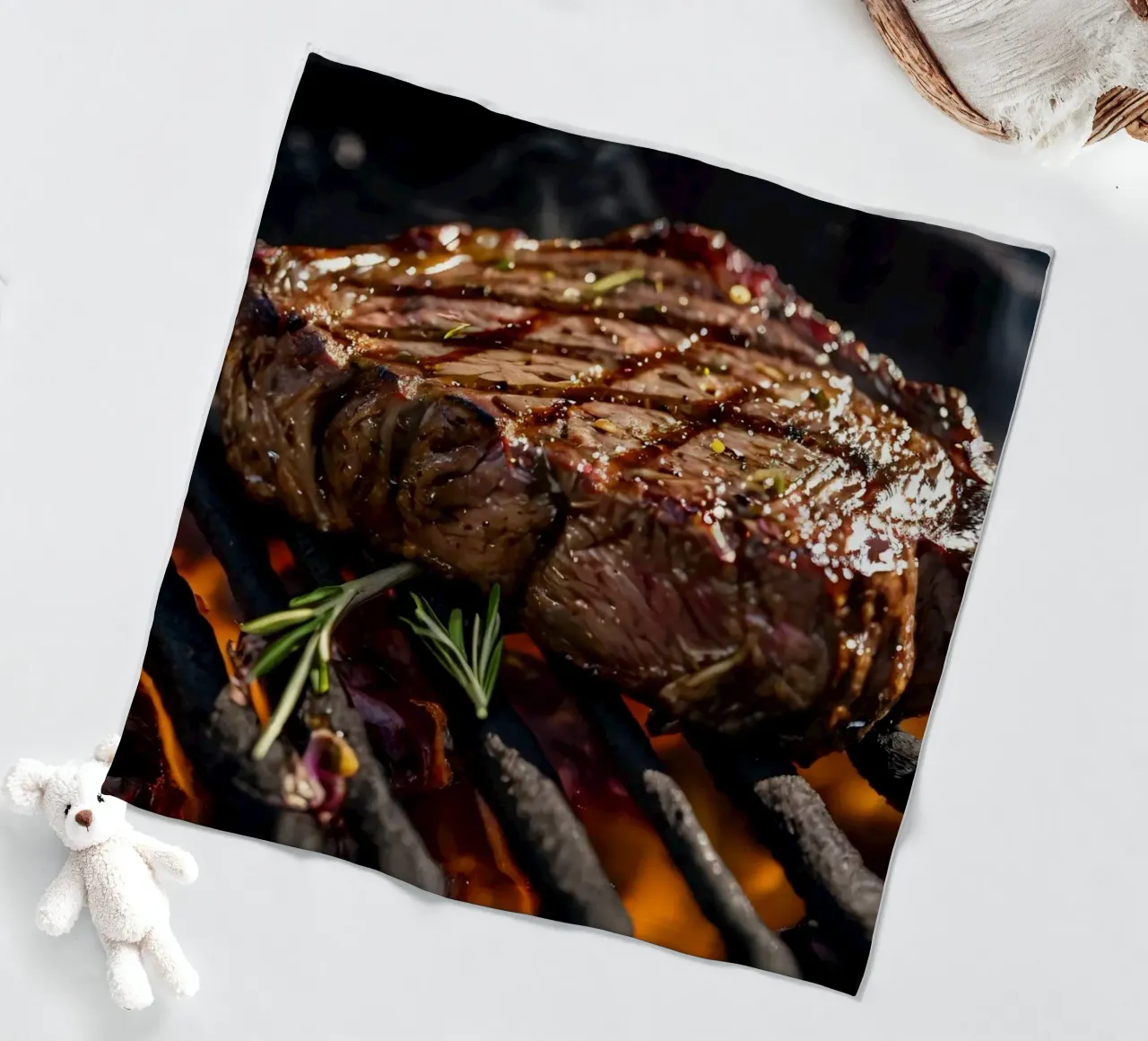 Una succosa bistecca alla griglia su un barbecue all'aperto coperta in pile da DesignDoodle