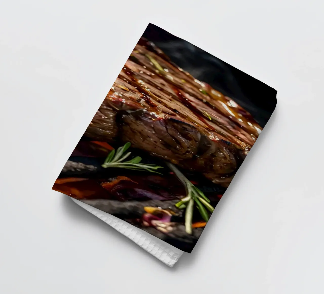 Jugoso filete asándose en una barbacoa al aire libre paño de cocina de DesignDoodle