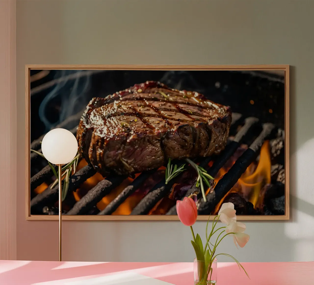 Juicy steak grilling on an outdoor barbecue alu-dibond by DesignDoodle