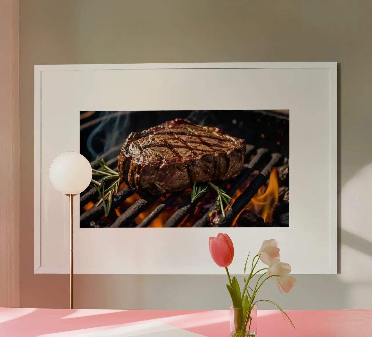 Jugoso filete asándose en una barbacoa al aire libre hahnemühle de DesignDoodle