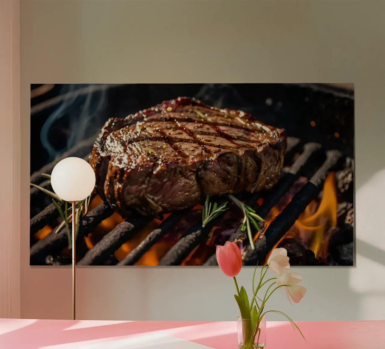 Jugoso filete asándose en una barbacoa al aire libre hahnemühle de DesignDoodle