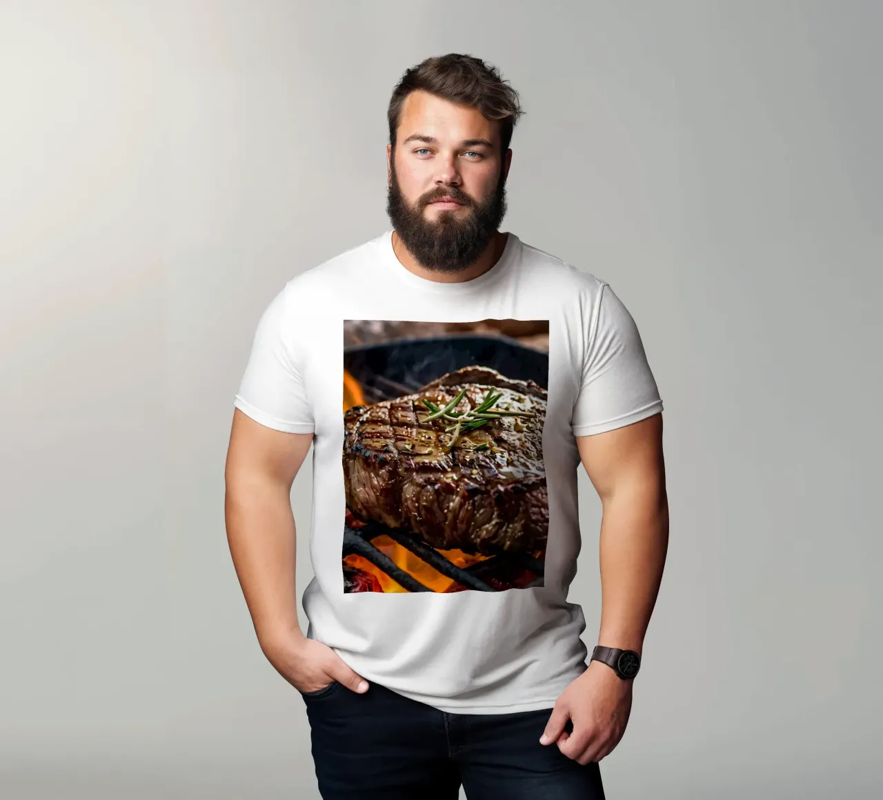 Bistecca succulenta alla griglia su fiamme libere con erbe aromatiche t-shirt da DesignDoodle