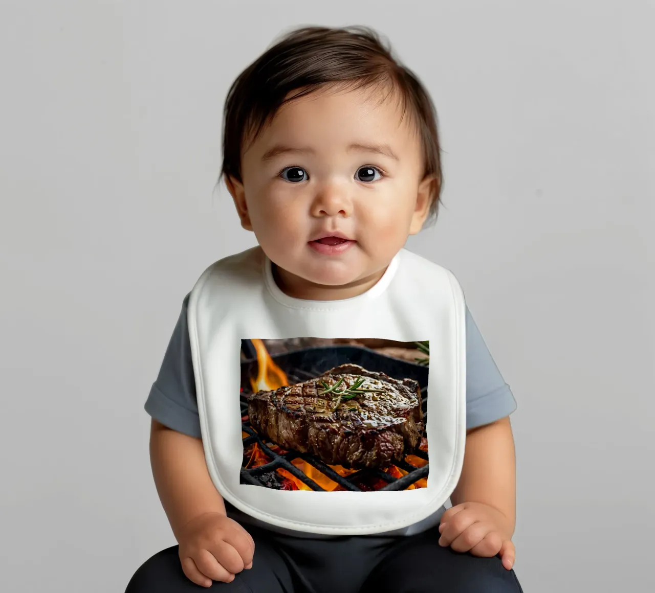 Bistecca succulenta alla griglia su fiamme libere con erbe aromatiche bavaglino da DesignDoodle