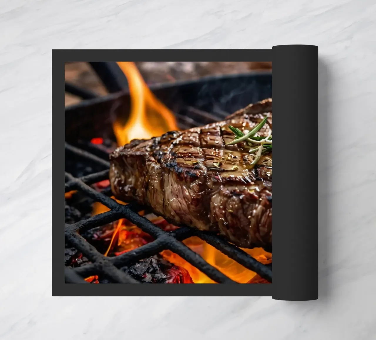 Bistecca succulenta alla griglia su fiamme libere con erbe aromatiche zerbino da DesignDoodle