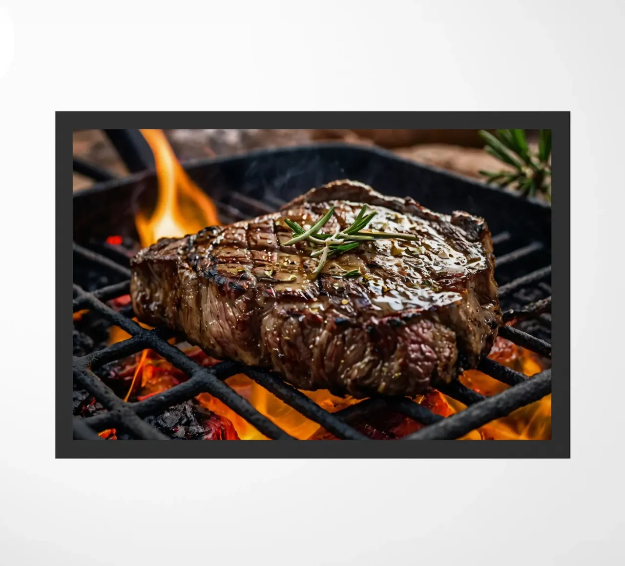 Bistecca succulenta alla griglia su fiamme libere con erbe aromatiche zerbino da DesignDoodle
