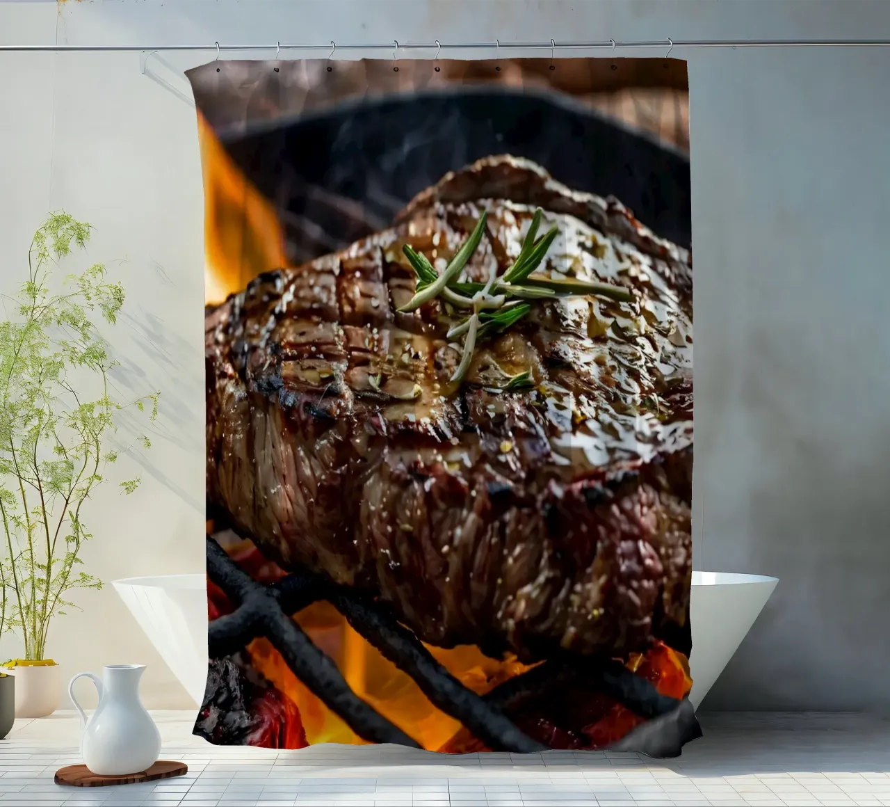 Bistecca succulenta alla griglia su fiamme libere con erbe aromatiche tenda da doccia da DesignDoodle