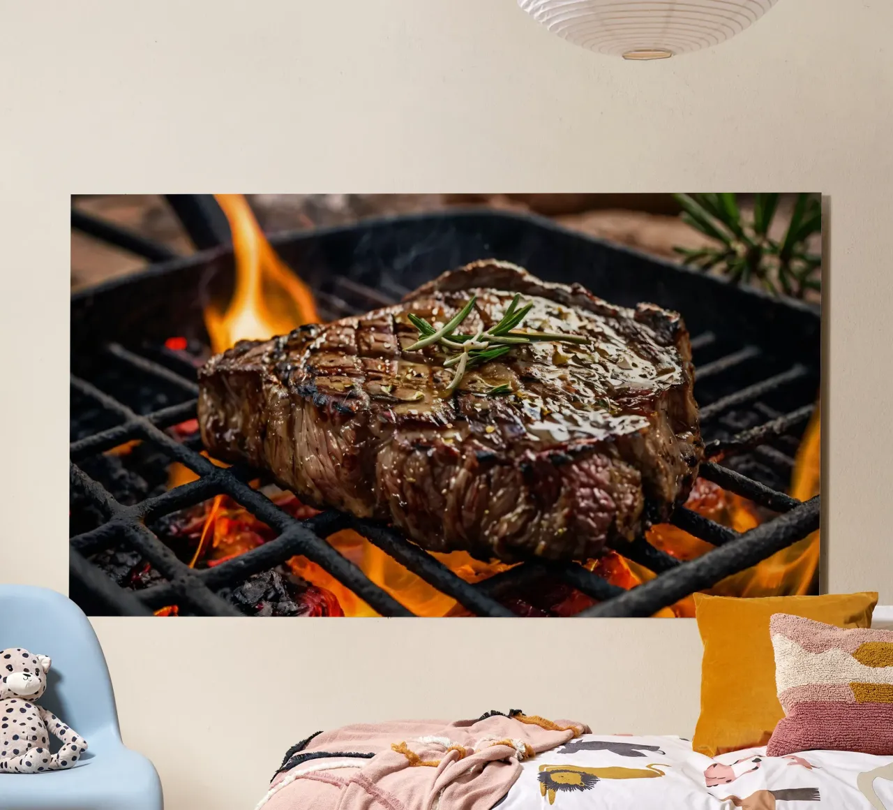 Bistecca succulenta alla griglia su fiamme libere con erbe aromatiche alluminio dibond da DesignDoodle