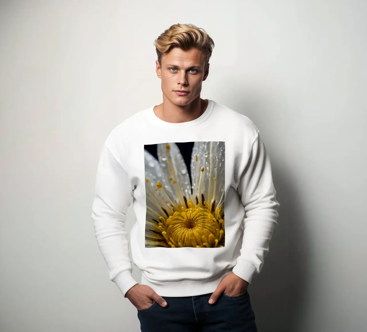 Close-up view of a water lily with dew drops on its petals sweatshirt by DesignDoodle