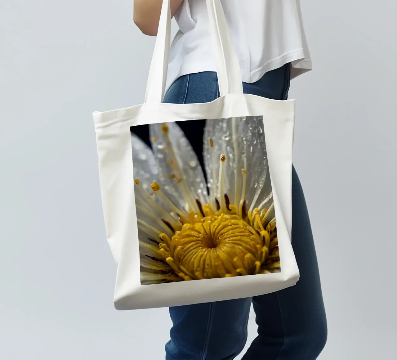 Close-up view of a water lily with dew drops on its petals tote bag by DesignDoodle
