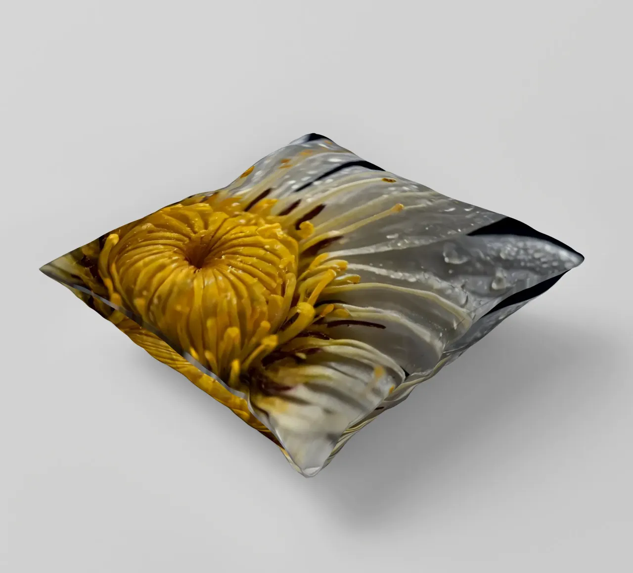 Close-up view of a water lily with dew drops on its petals decorative cushion by DesignDoodle