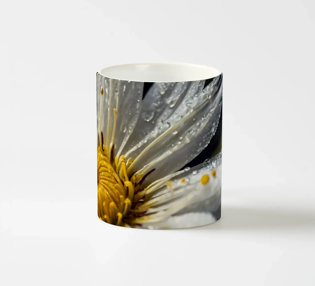 Close-up view of a water lily with dew drops on its petals ceramic mug by DesignDoodle