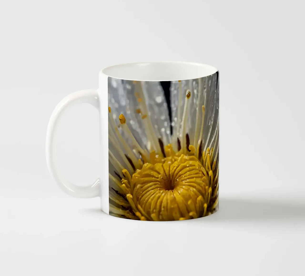 Close-up view of a water lily with dew drops on its petals ceramic mug by DesignDoodle