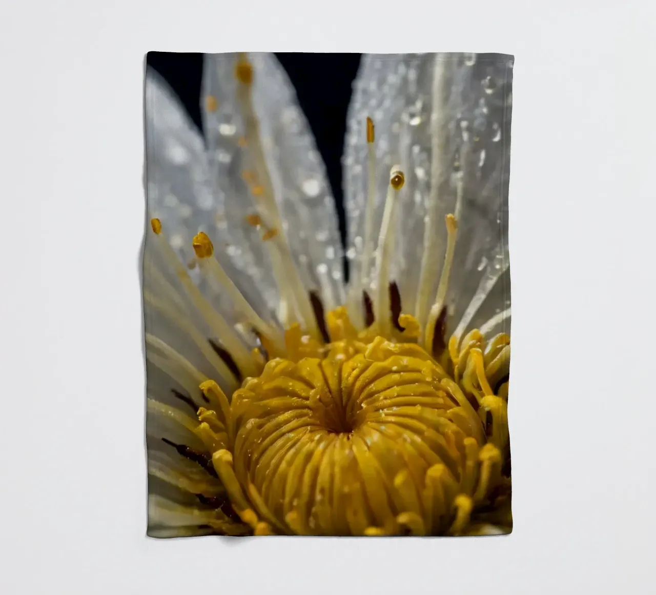 Close-up view of a water lily with dew drops on its petals fleece blanket by DesignDoodle