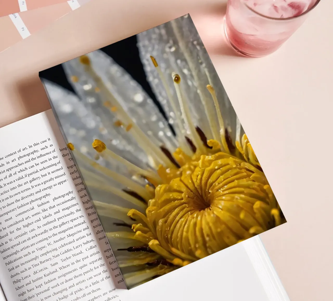 Close-up view of a water lily with dew drops on its petals notebook by DesignDoodle