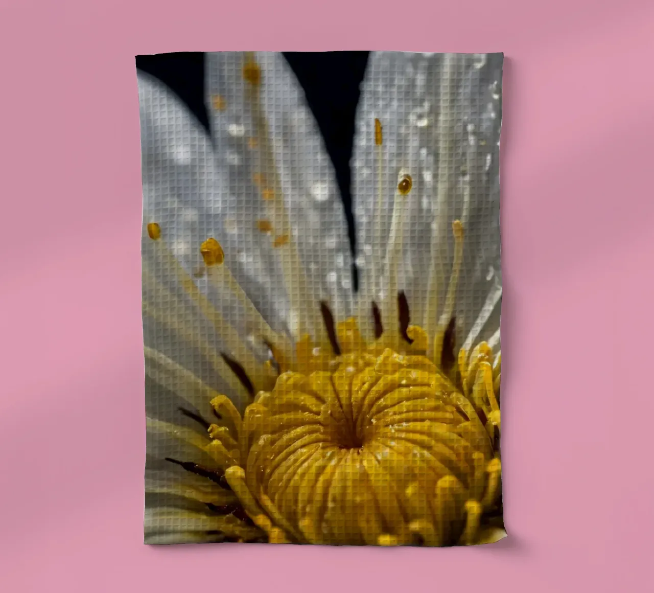 Vue rapprochée d'un nénuphar avec des gouttes de rosée sur ses pétales torchon de DesignDoodle