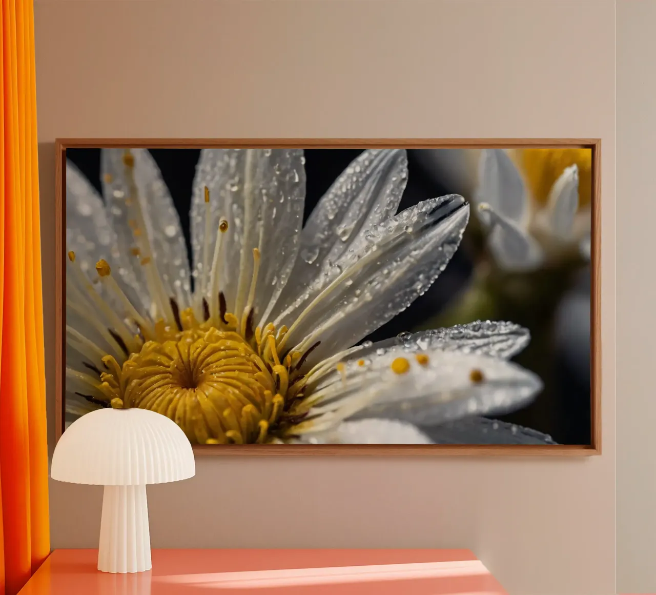 Close-up view of a water lily with dew drops on its petals canvas by DesignDoodle