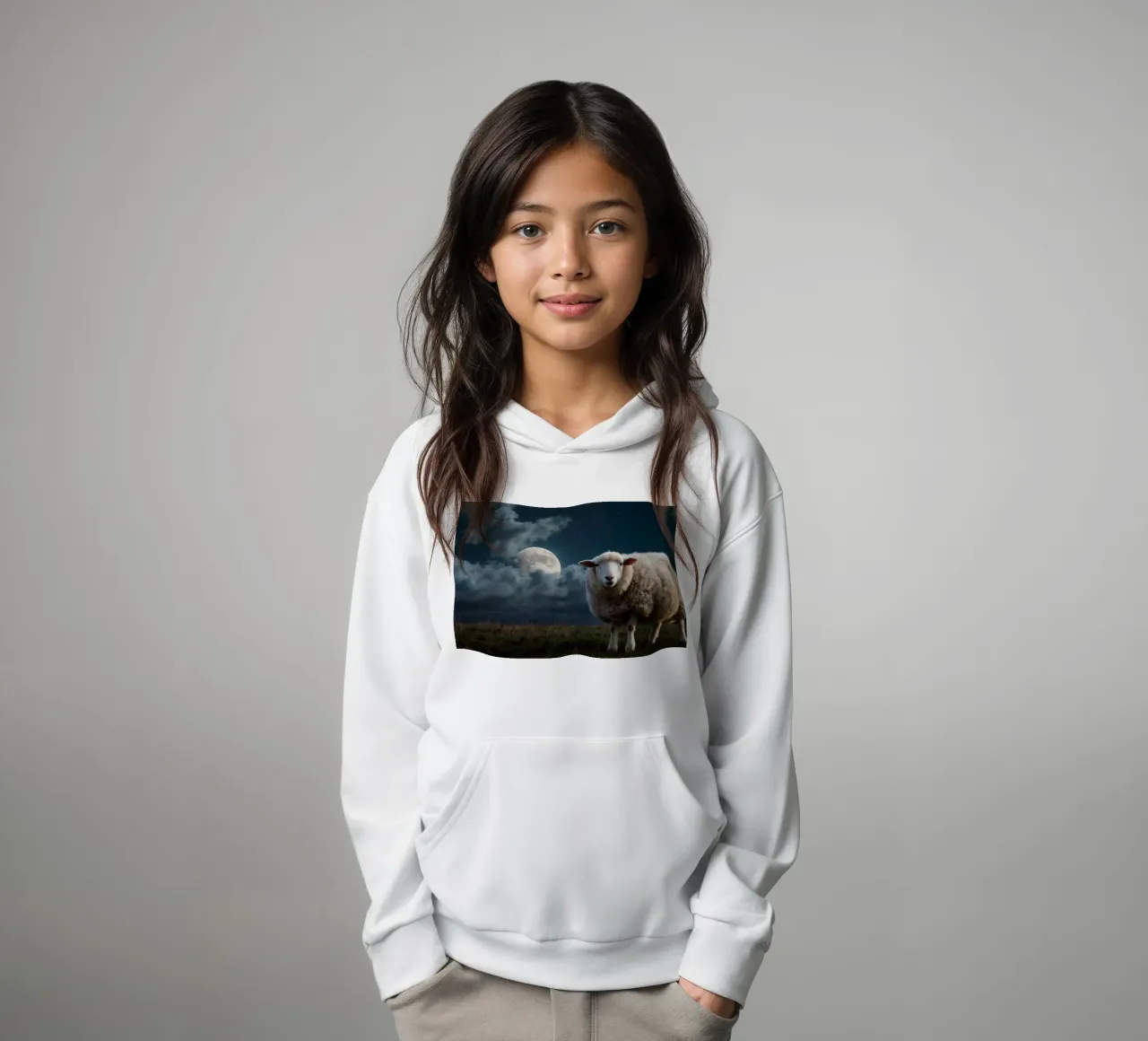 A sheep standing in a field under a bright moonlit sky kids hoodie by DesignDoodle