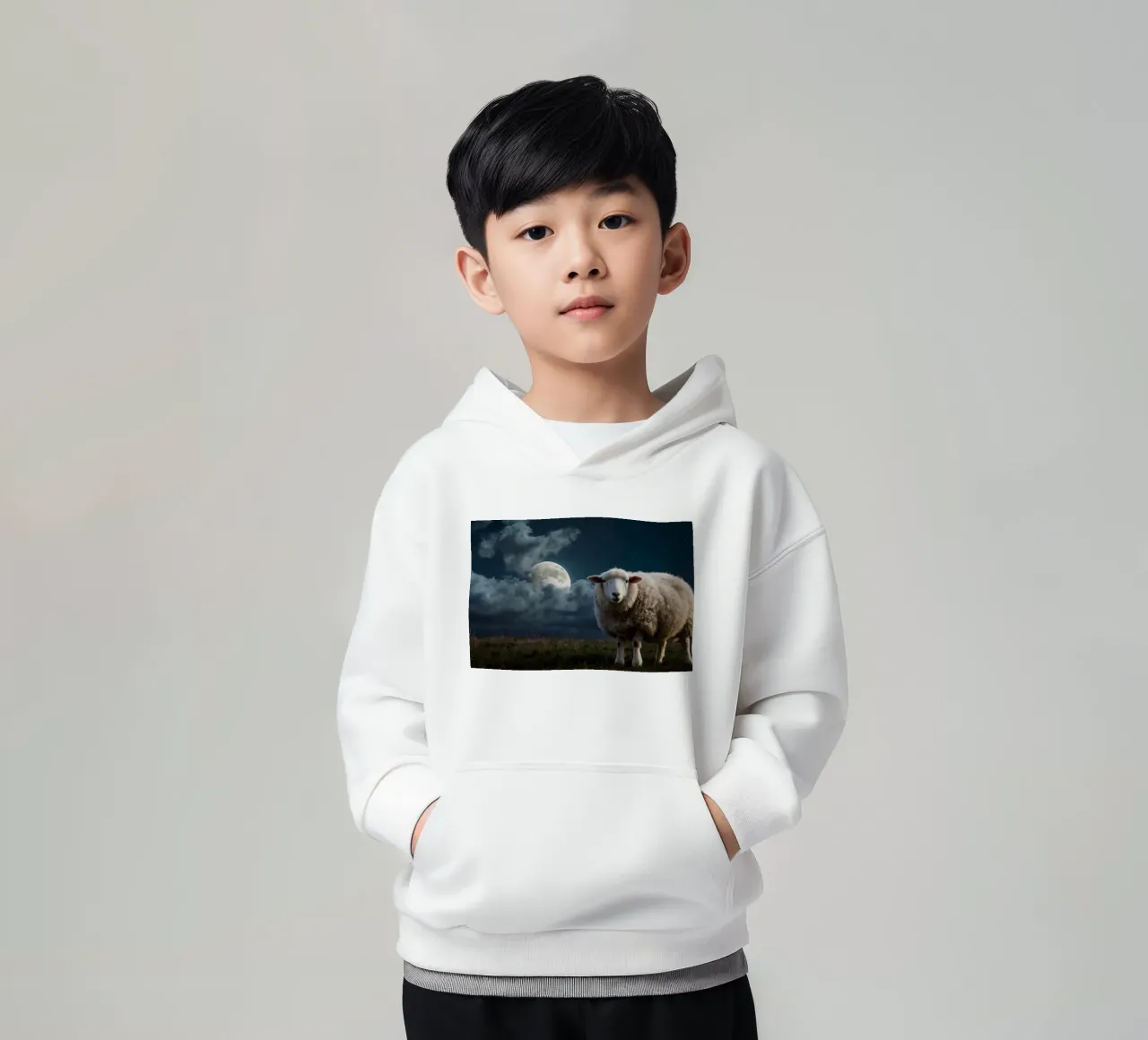 A sheep standing in a field under a bright moonlit sky kids hoodie by DesignDoodle