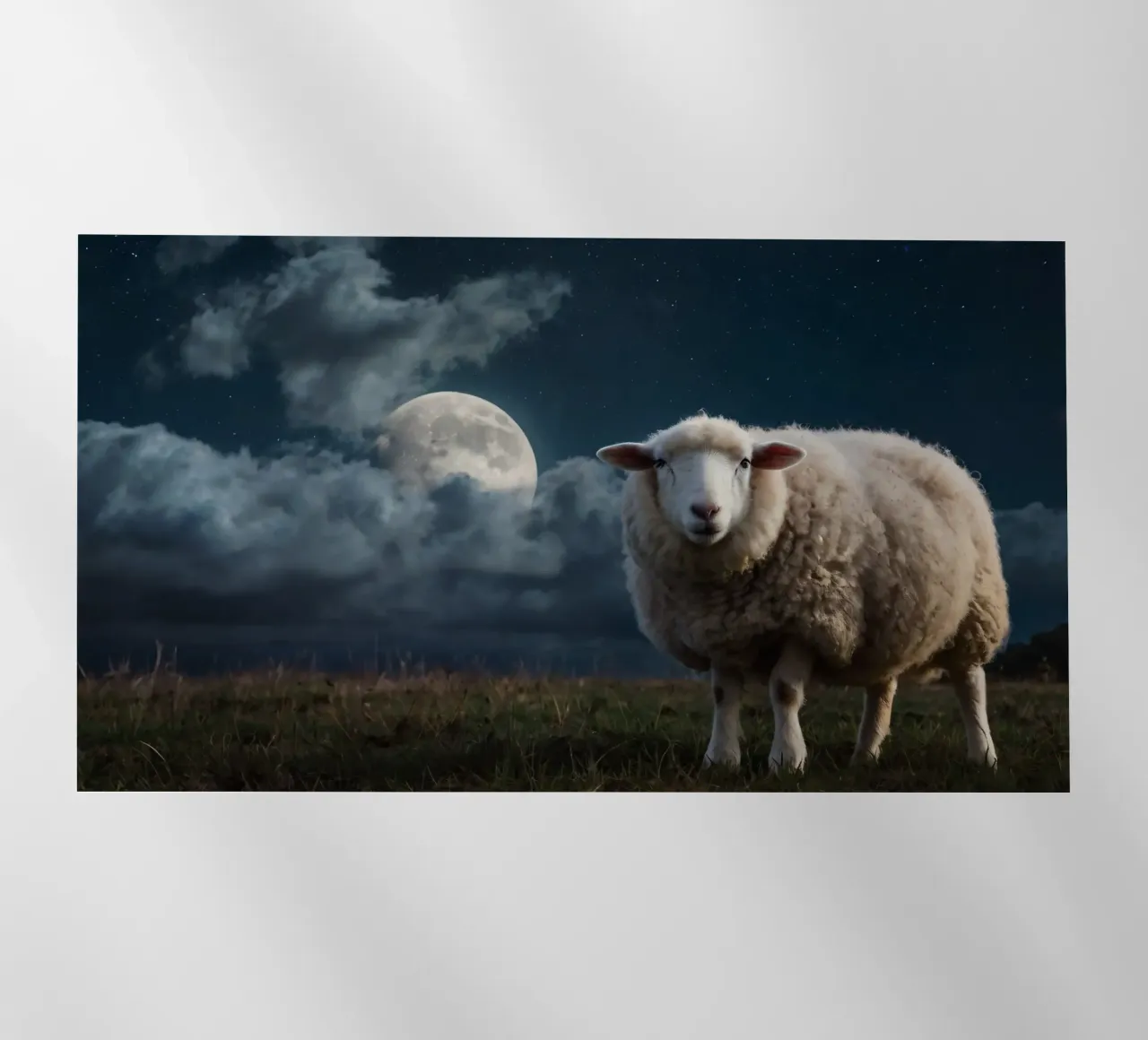 Una pecora in piedi in un campo sotto un luminoso cielo lunare pellicola backlit da DesignDoodle