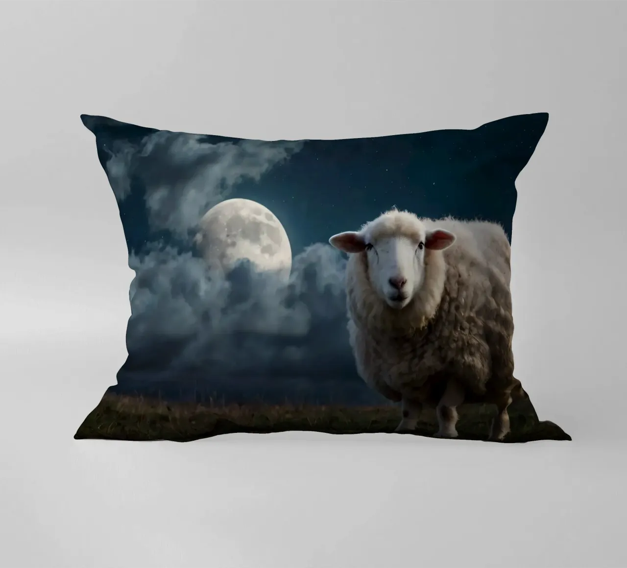 A sheep standing in a field under a bright moonlit sky decorative cushion by DesignDoodle