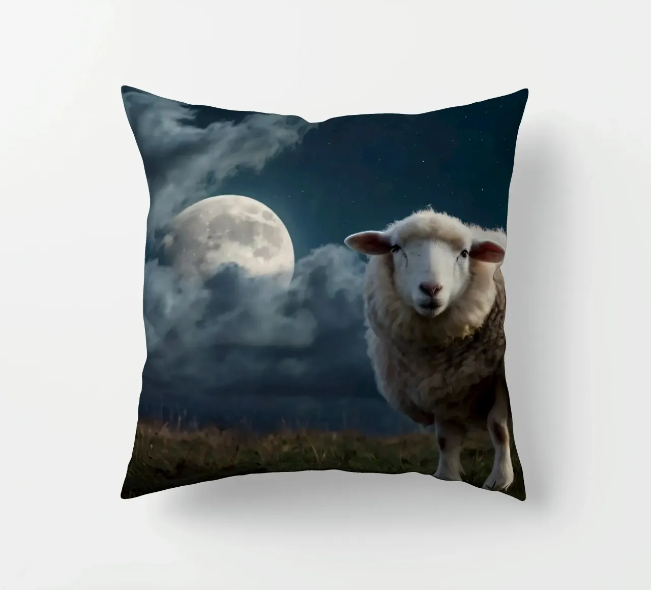 A sheep standing in a field under a bright moonlit sky decorative cushion by DesignDoodle