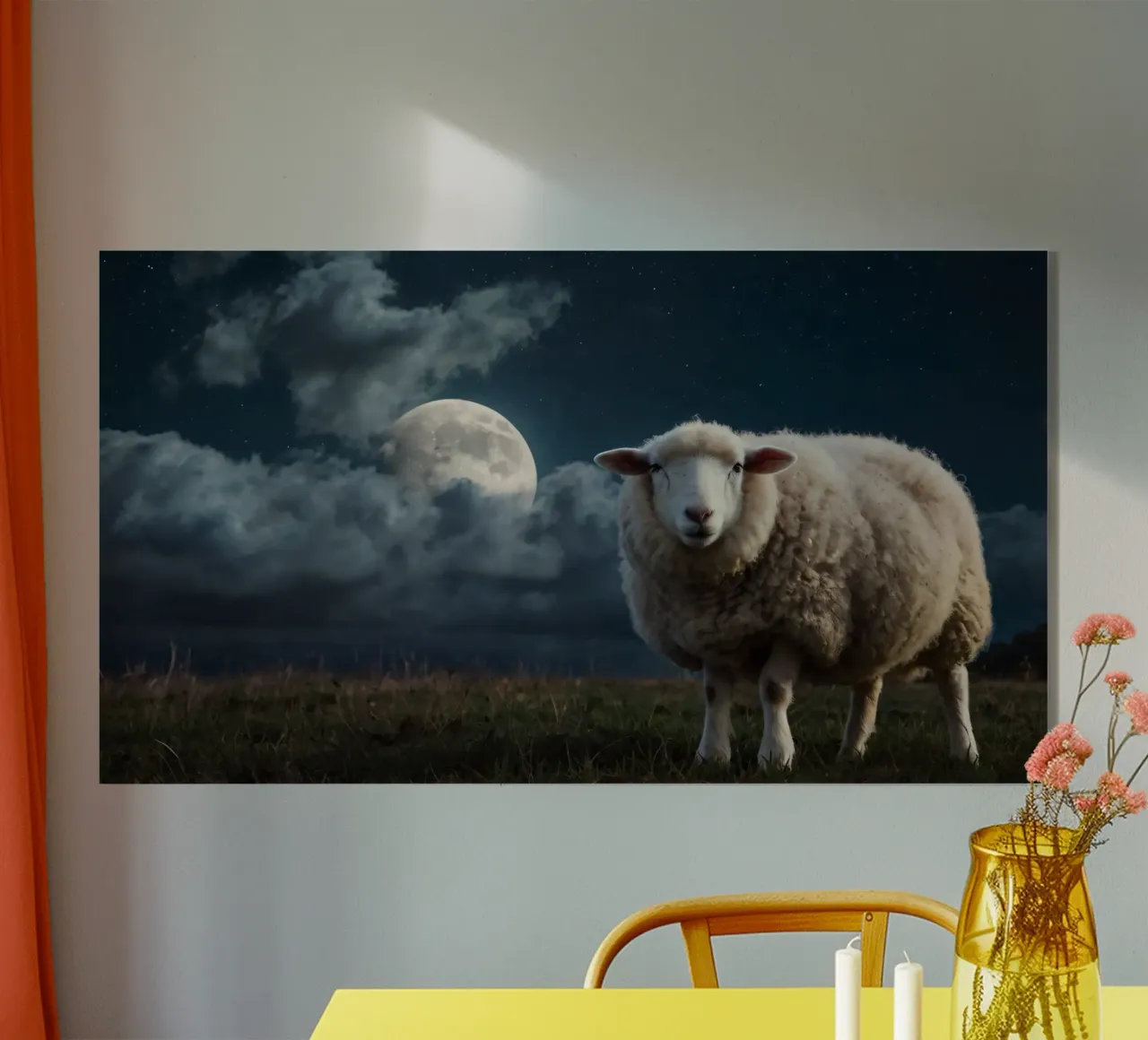 Una pecora in piedi in un campo sotto un luminoso cielo lunare plexiglass da DesignDoodle