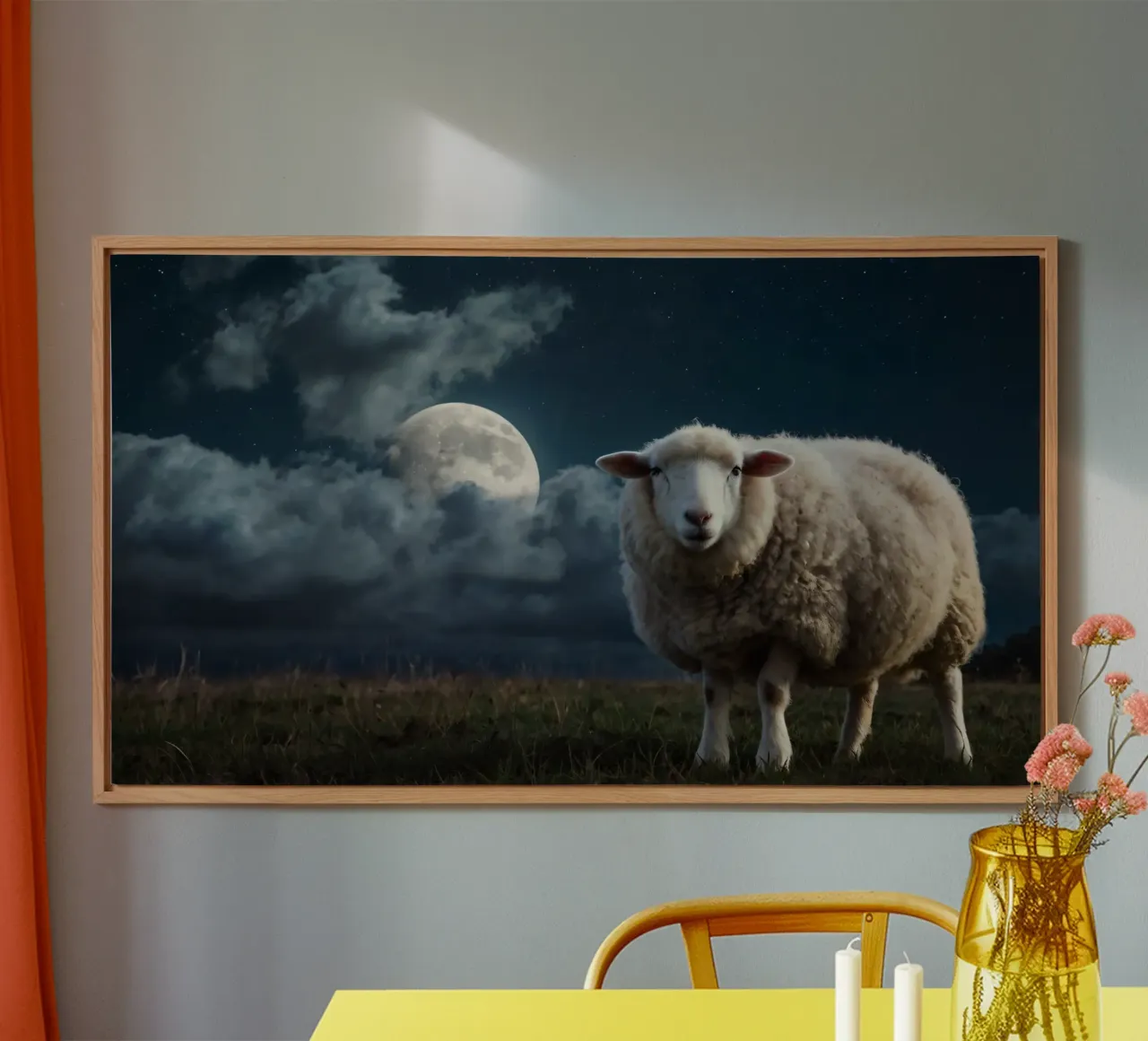 A sheep standing in a field under a bright moonlit sky alu-dibond by DesignDoodle